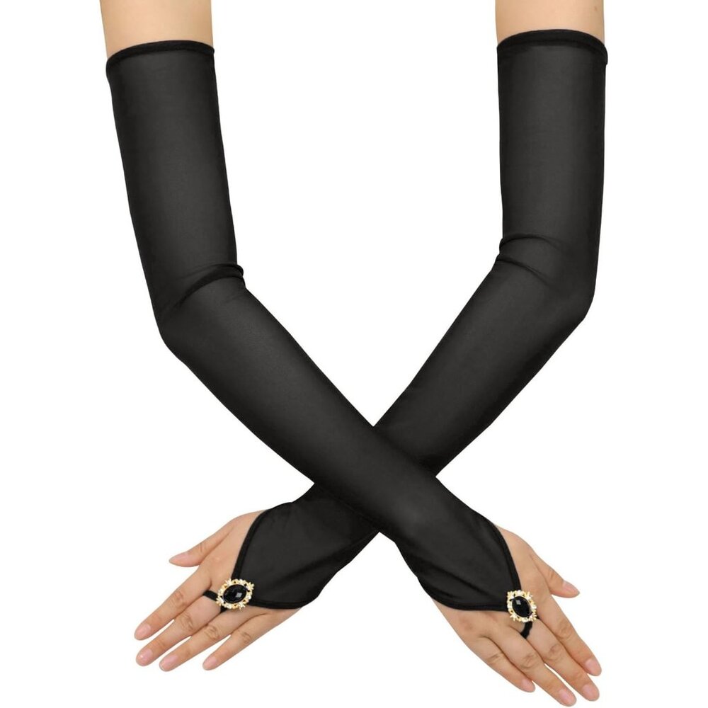 Women's Mesh Long Fabric Black Finger Loop Gloves Bridal Wedding Party Costume